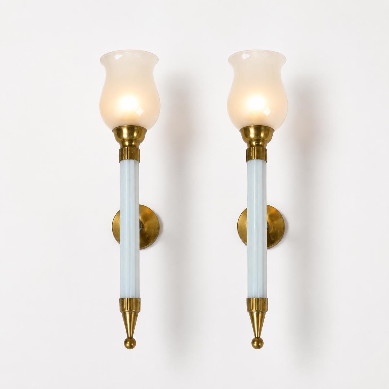Opaline Glass Torch Sconces Pair, Blue Opaline and Brass Wall Torches with Glass Shades — French, 1950s