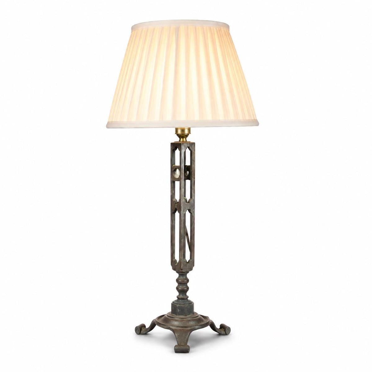 French Vintage Brutalist Art Deco Cast Metal Table Lamp with Pleated Shade