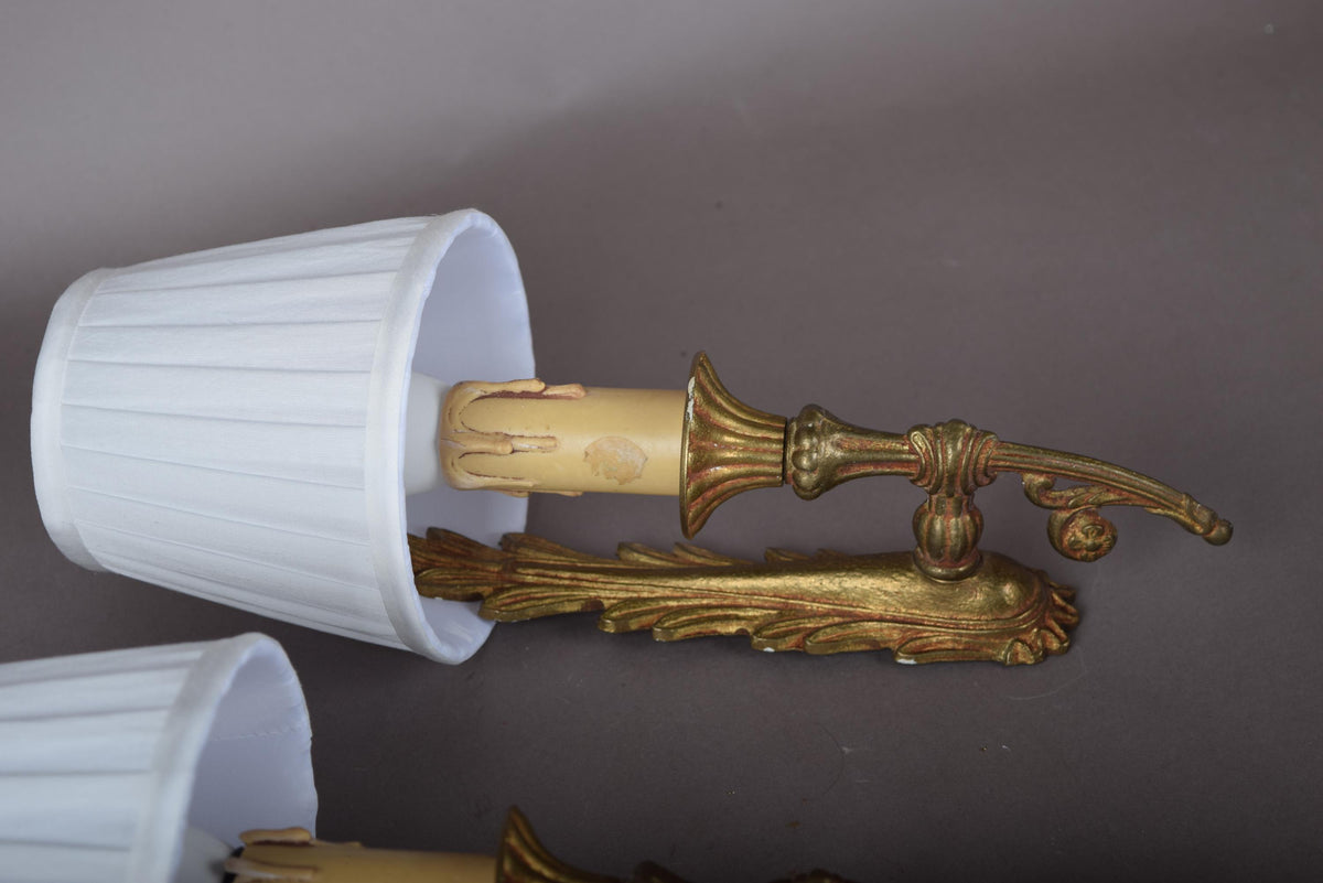 Pair of Gilt Metal Wall Sconces, Palm Leaf Backplate, Pleated Fabric Shades