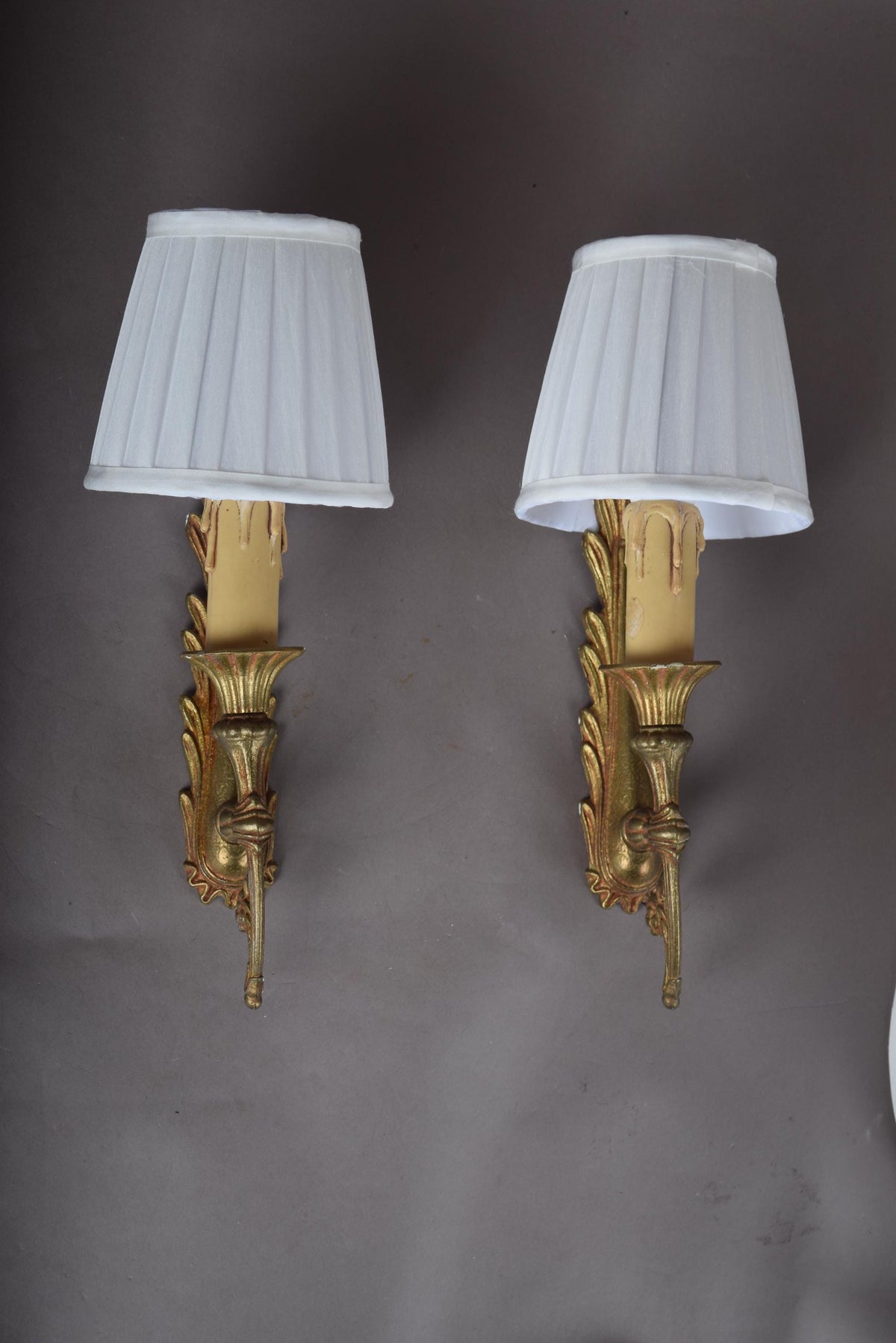 Pair of Gilt Metal Wall Sconces, Palm Leaf Backplate, Pleated Fabric Shades