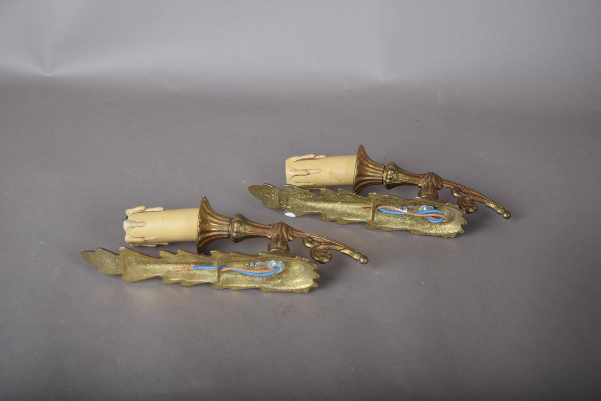 Pair of Gilt Metal Wall Sconces, Palm Leaf Backplate, Pleated Fabric Shades