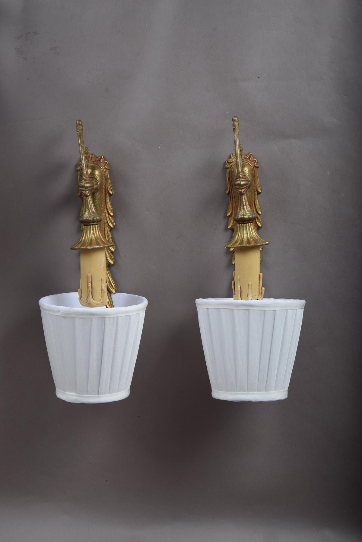 Pair of Gilt Metal Wall Sconces, Palm Leaf Backplate, Pleated Fabric Shades