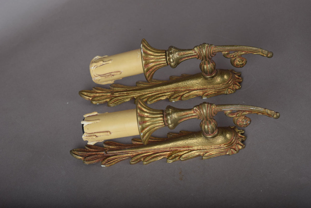 Pair of Gilt Metal Wall Sconces, Palm Leaf Backplate, Pleated Fabric Shades