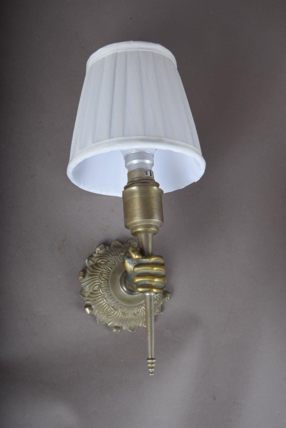 Gilt and Silvered Metal Wall Sconce, Hand-Form Candle Arm, Fluted Backplate