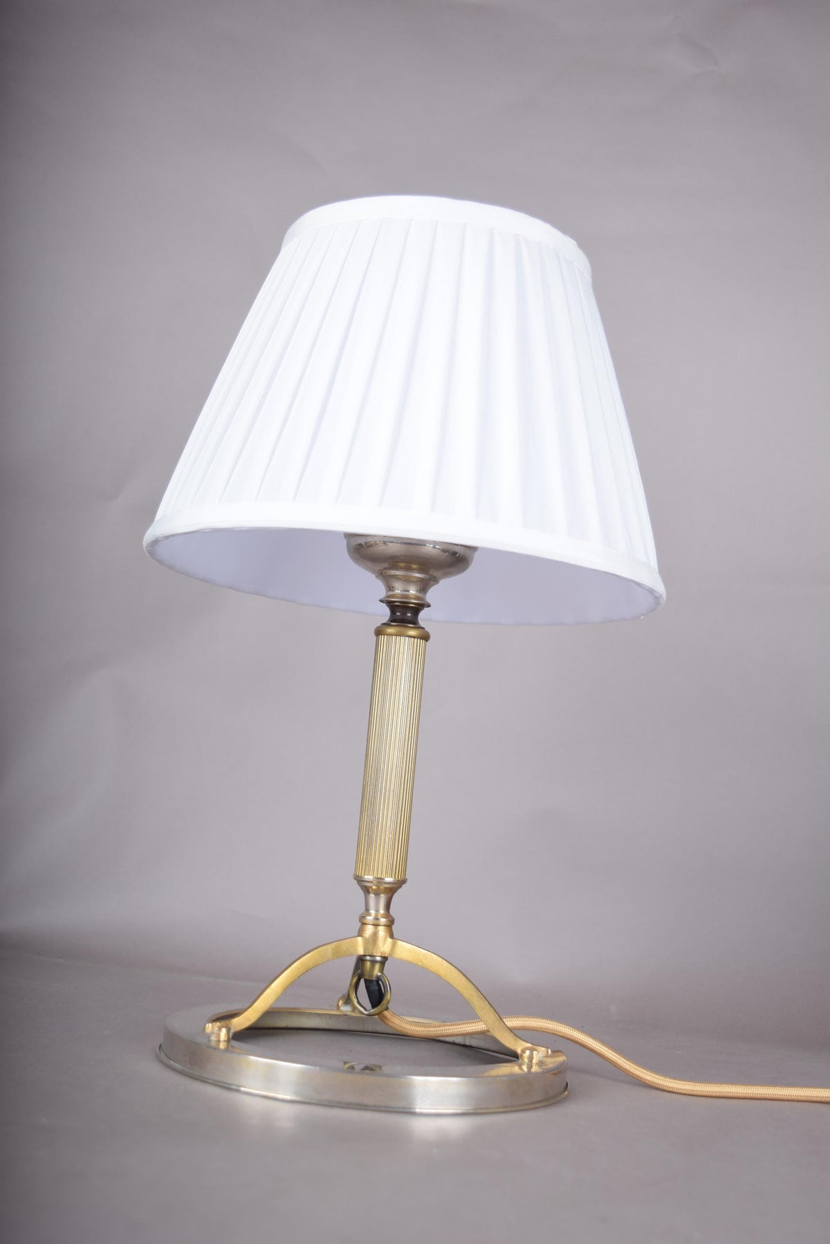 Mid Century Table Lamp, Ring Base Lamp with Arched Tripod and Reeded Column, Pleated Shade