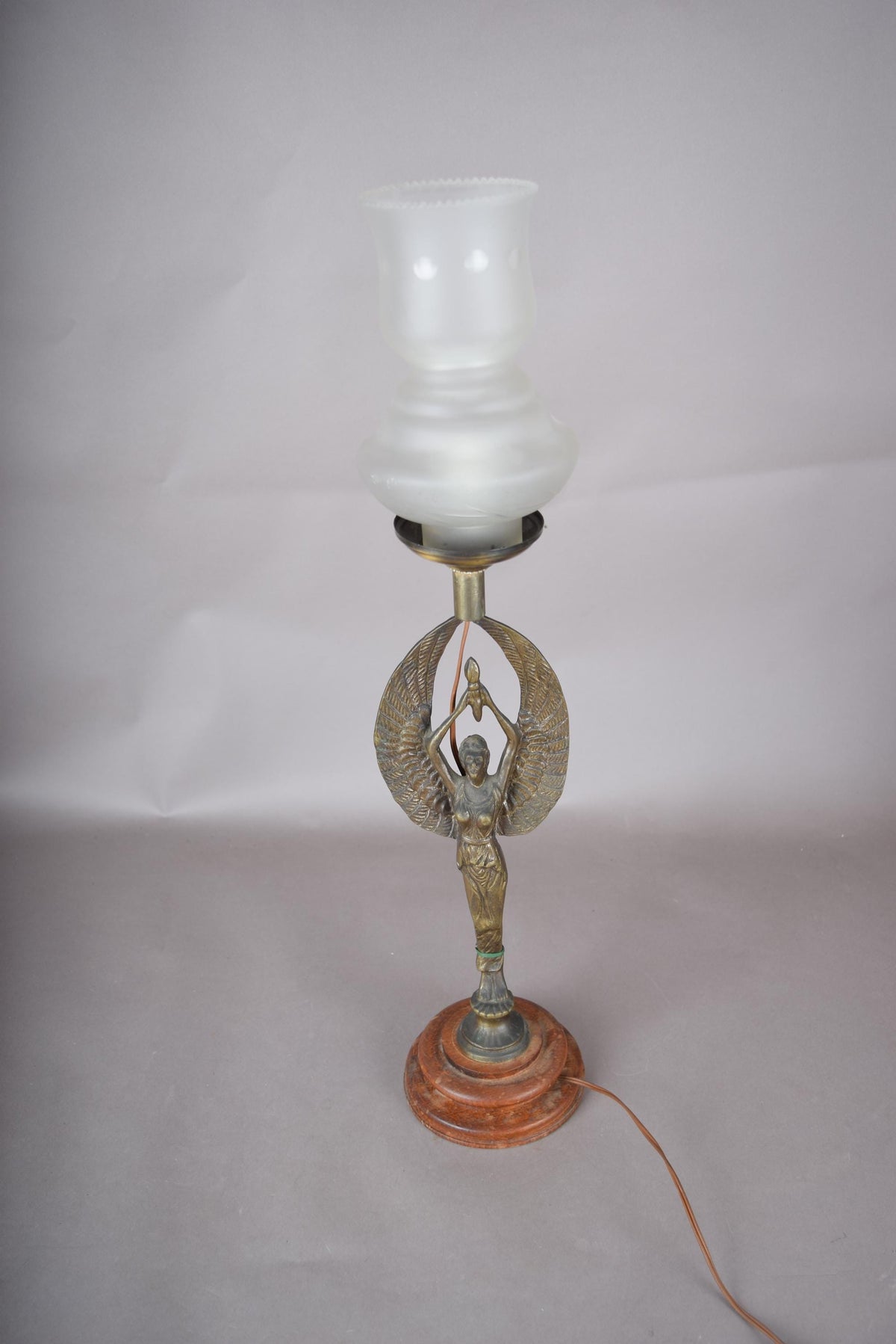 Gilt Metal Figural Table Lamp, Winged Female Figure, Wood Base, Frosted Glass Shade