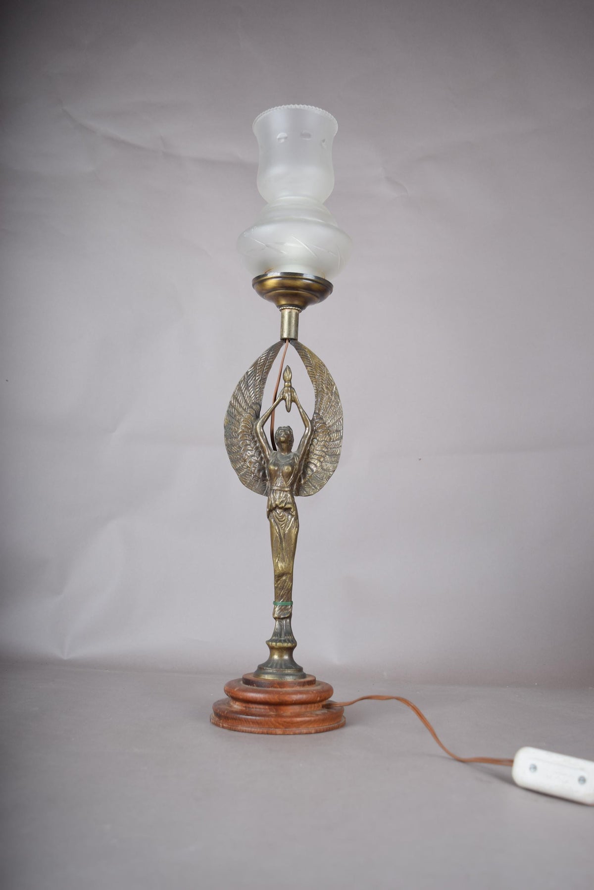 Gilt Metal Figural Table Lamp, Winged Female Figure, Wood Base, Frosted Glass Shade