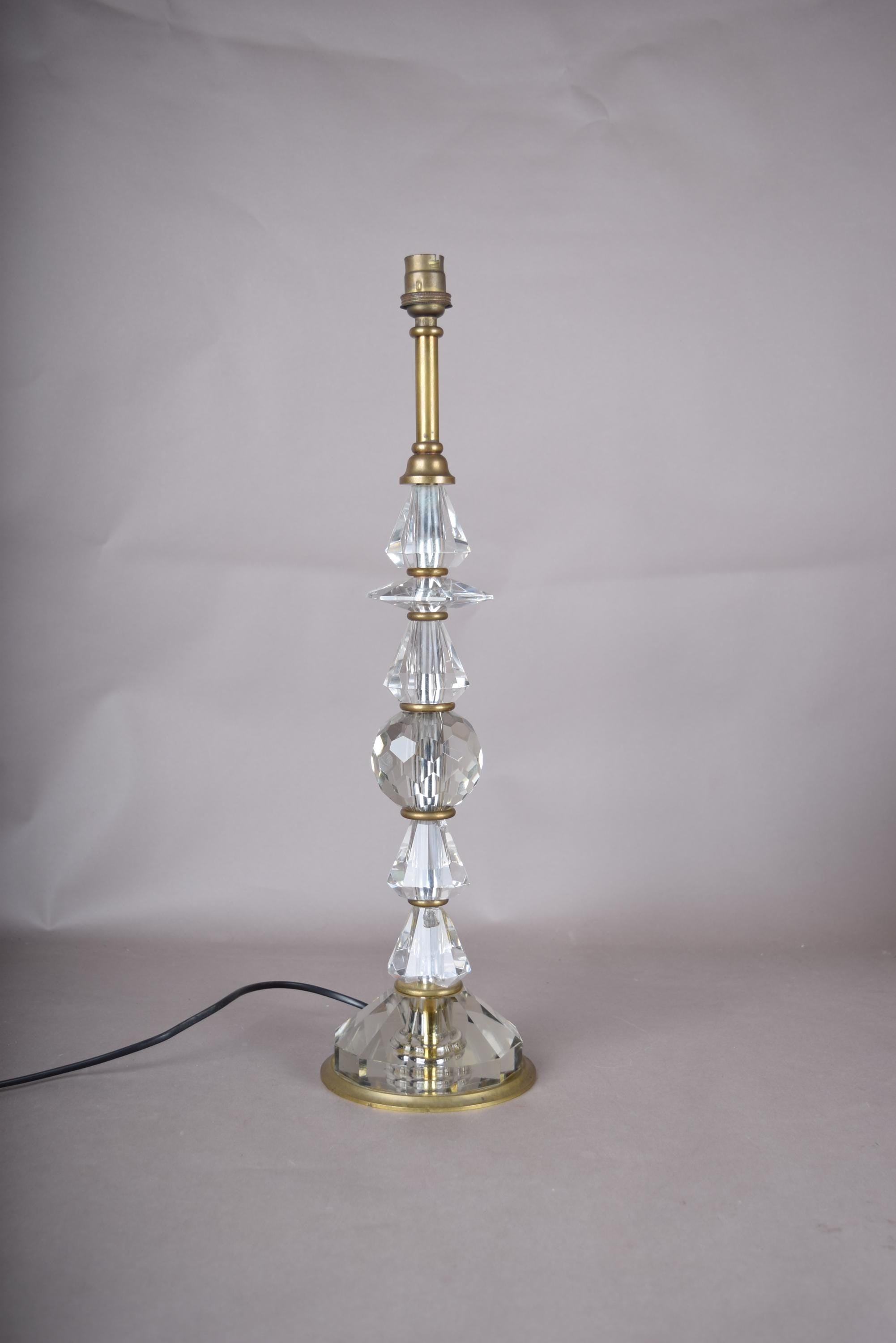 Tall Crystal Table Lamp, Stacked Faceted Glass and Brass Column Lamp — French, 1950s