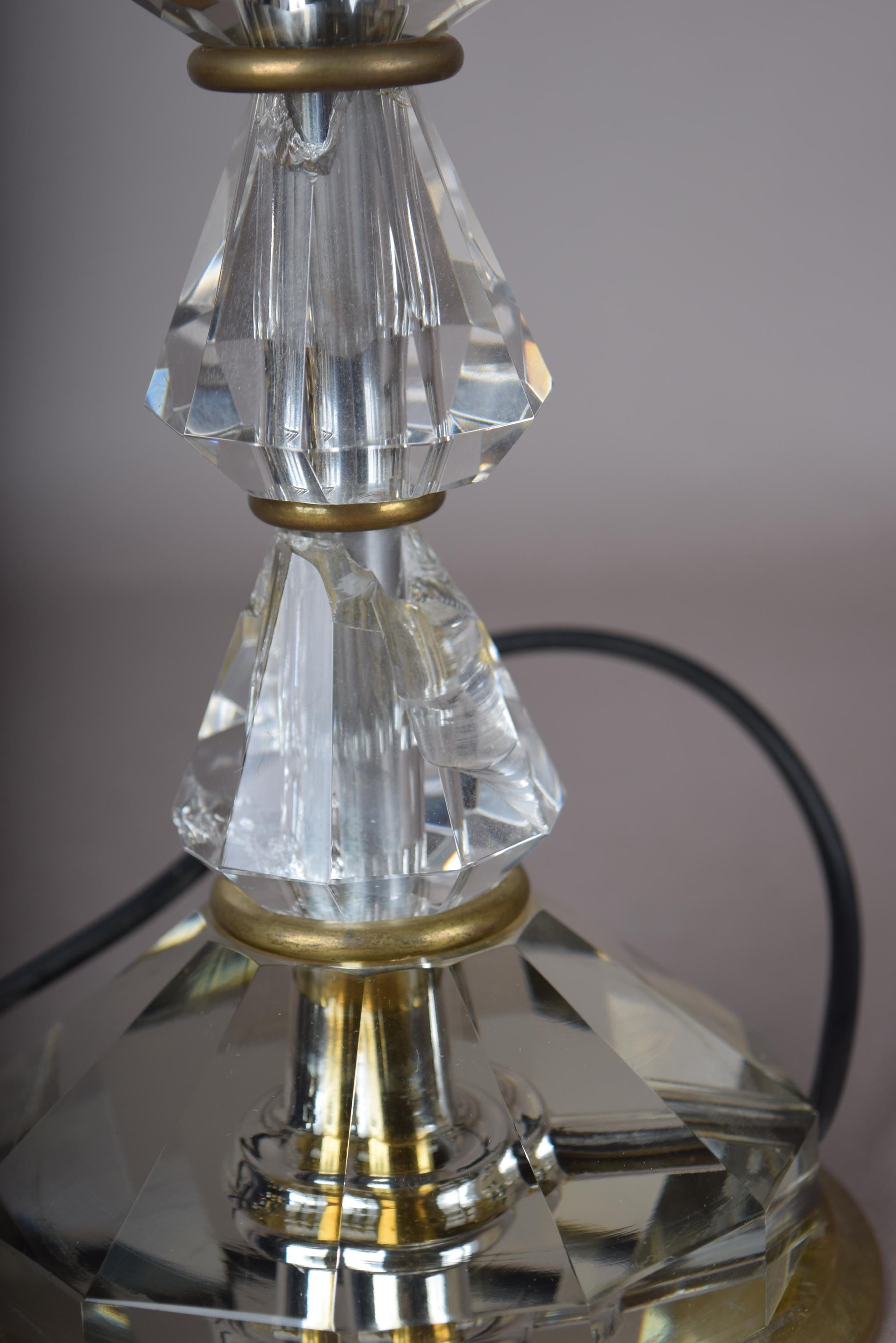 Tall Crystal Table Lamp, Stacked Faceted Glass and Brass Column Lamp — French, 1950s