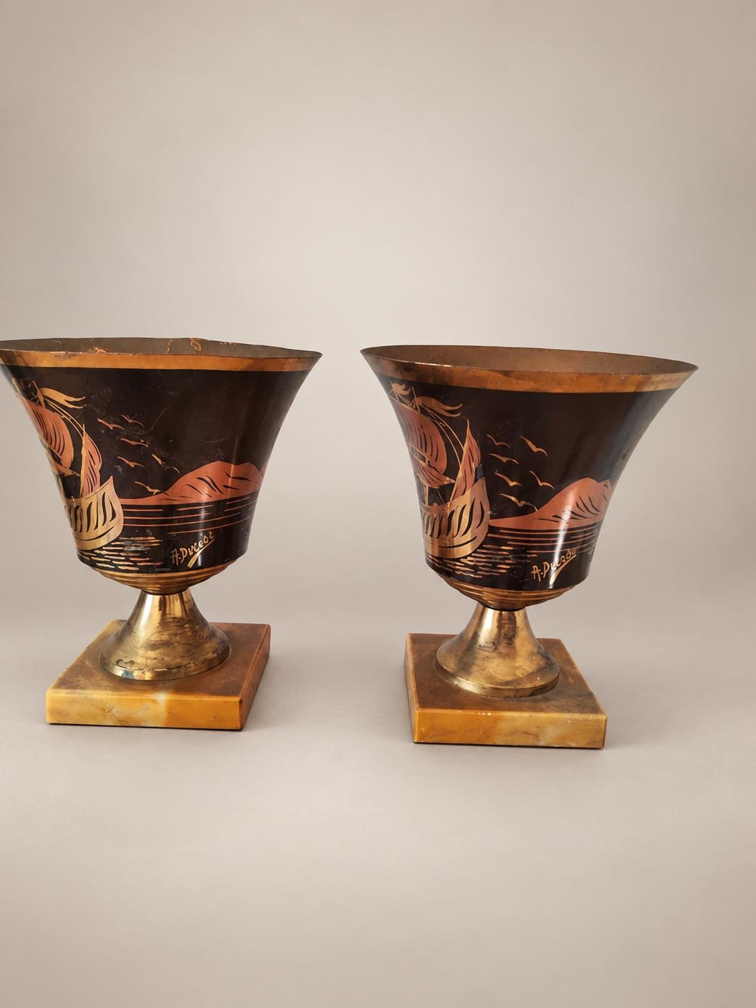 Pair of Belgian Art Deco Brass Vases, Signed A. Ducobu, Marine Scene on Onyx Bases — Belgium, circa 1930