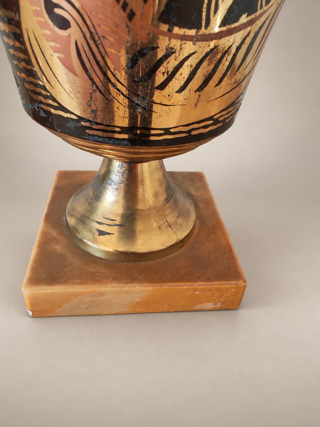Pair of Belgian Art Deco Brass Vases, Signed A. Ducobu, Marine Scene on Onyx Bases — Belgium, circa 1930