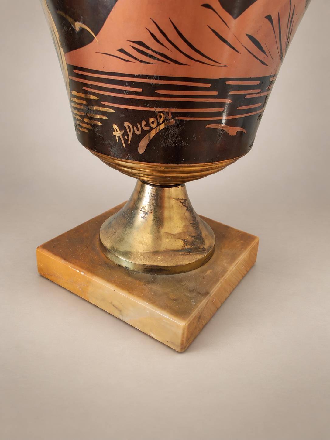 Pair of Belgian Art Deco Brass Vases, Signed A. Ducobu, Marine Scene on Onyx Bases — Belgium, circa 1930