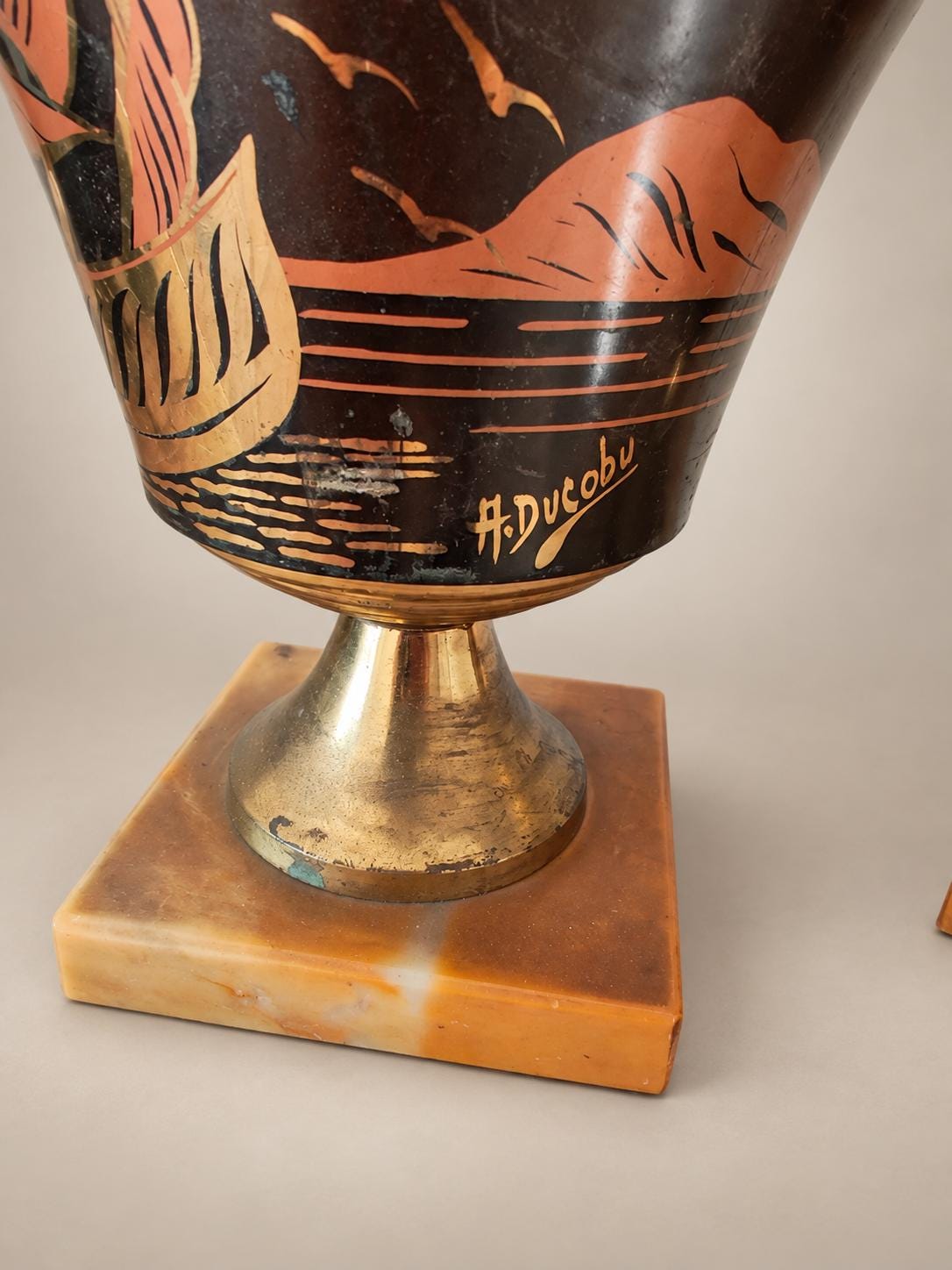 Pair of Belgian Art Deco Brass Vases, Signed A. Ducobu, Marine Scene on Onyx Bases — Belgium, circa 1930