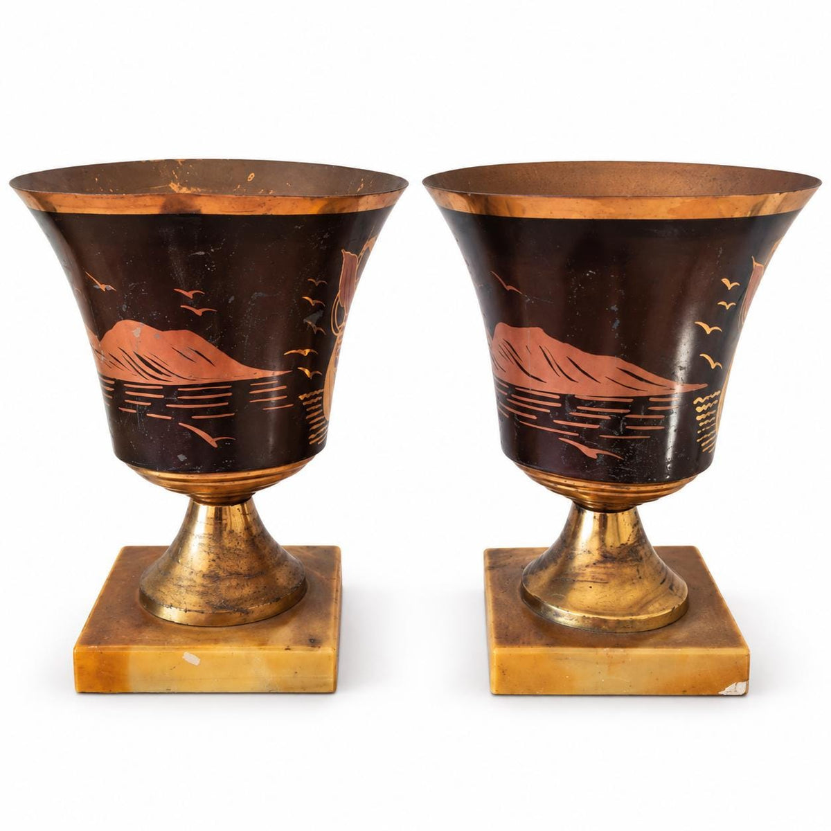 Pair of Belgian Art Deco Brass Vases, Signed A. Ducobu, Marine Scene on Onyx Bases — Belgium, circa 1930