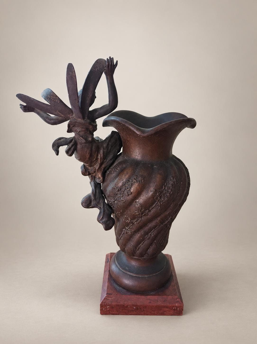 Antique French metal Vase, La Libellule by Virgile Morey, Dragonfly Woman on Marble — France, circa 1900