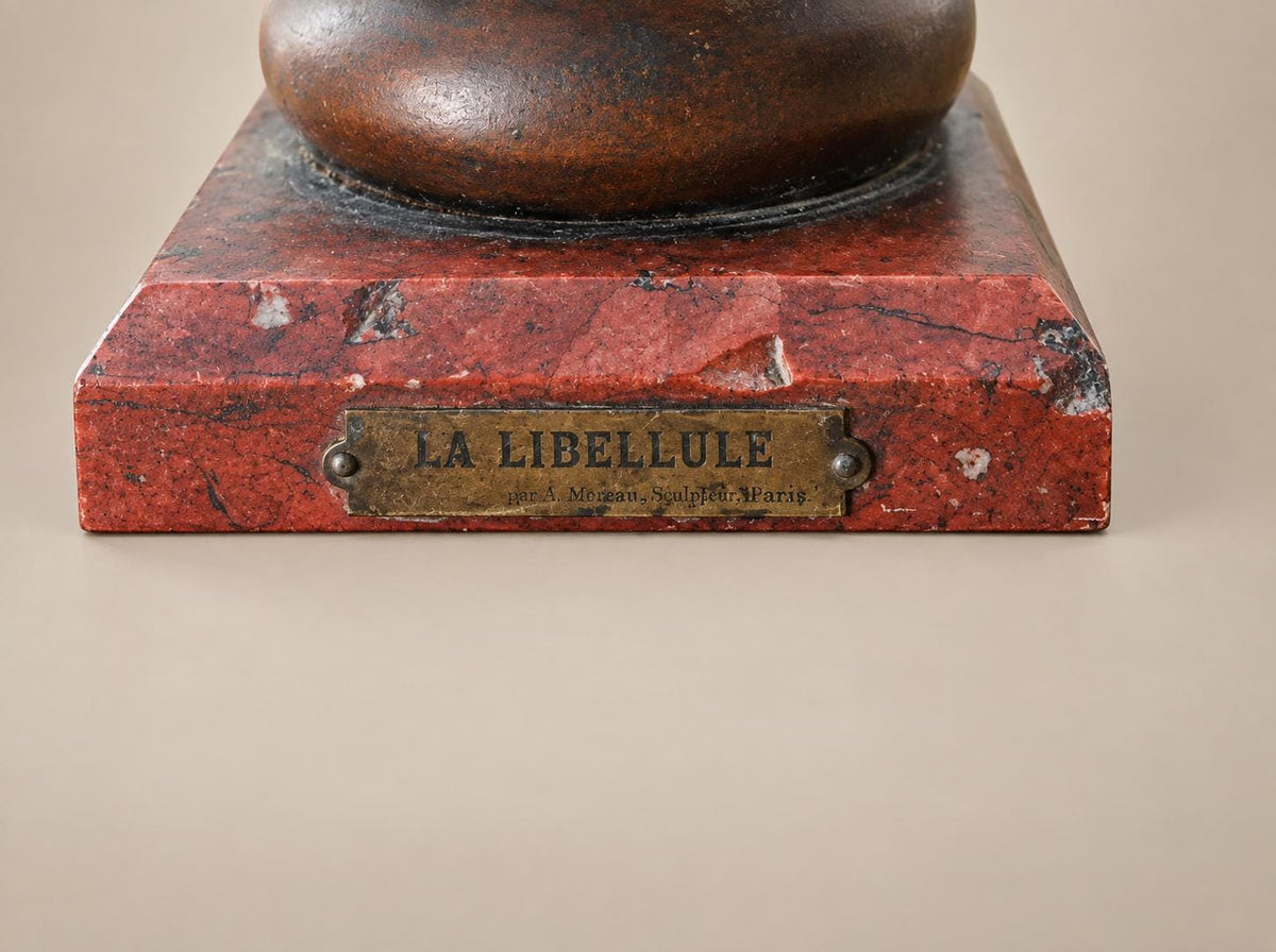 Antique French metal Vase, La Libellule by Virgile Morey, Dragonfly Woman on Marble — France, circa 1900