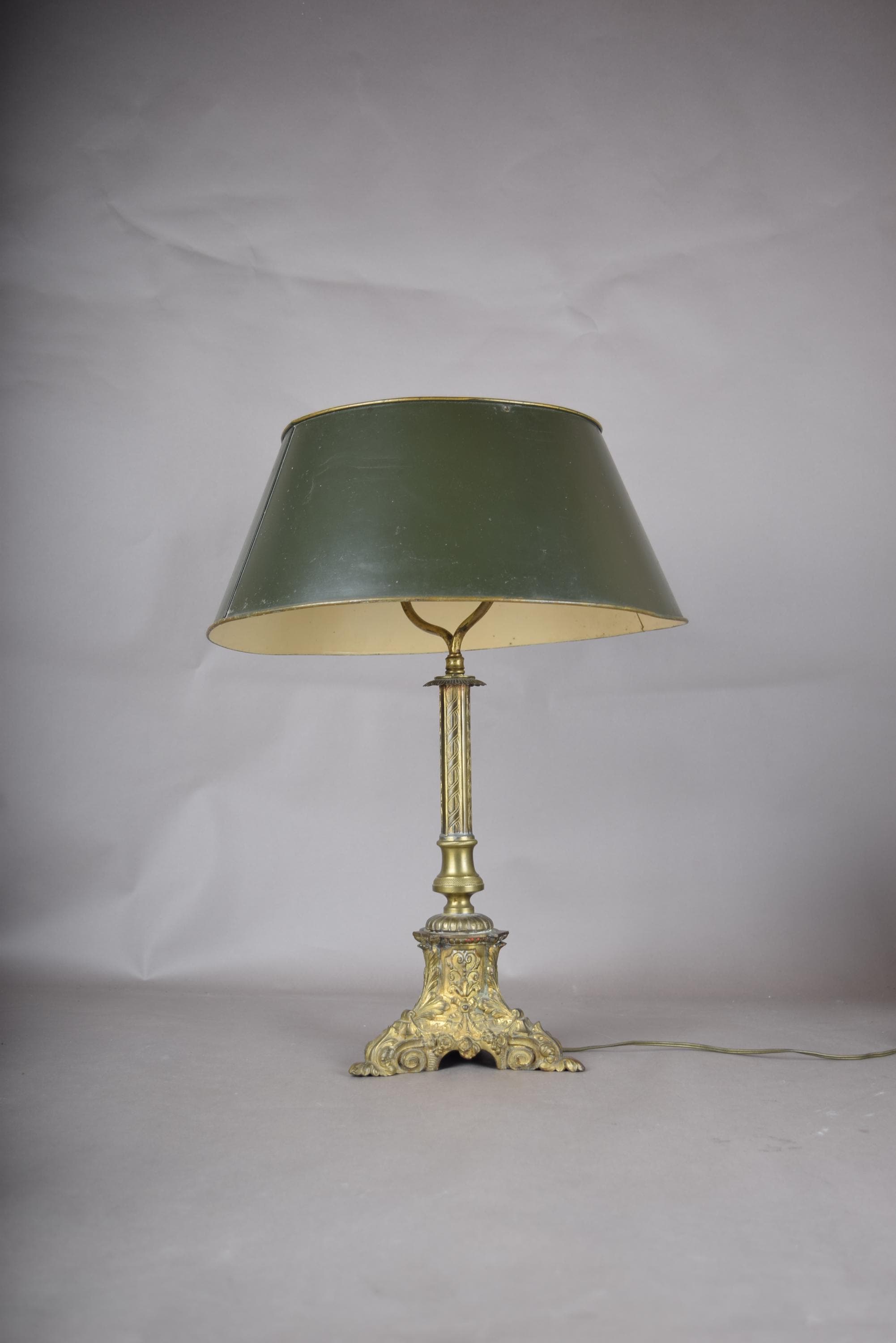 Candlestick Table Lamp, Gilt Tripod Base with Fluted Column and Green Tole Shade — French Style