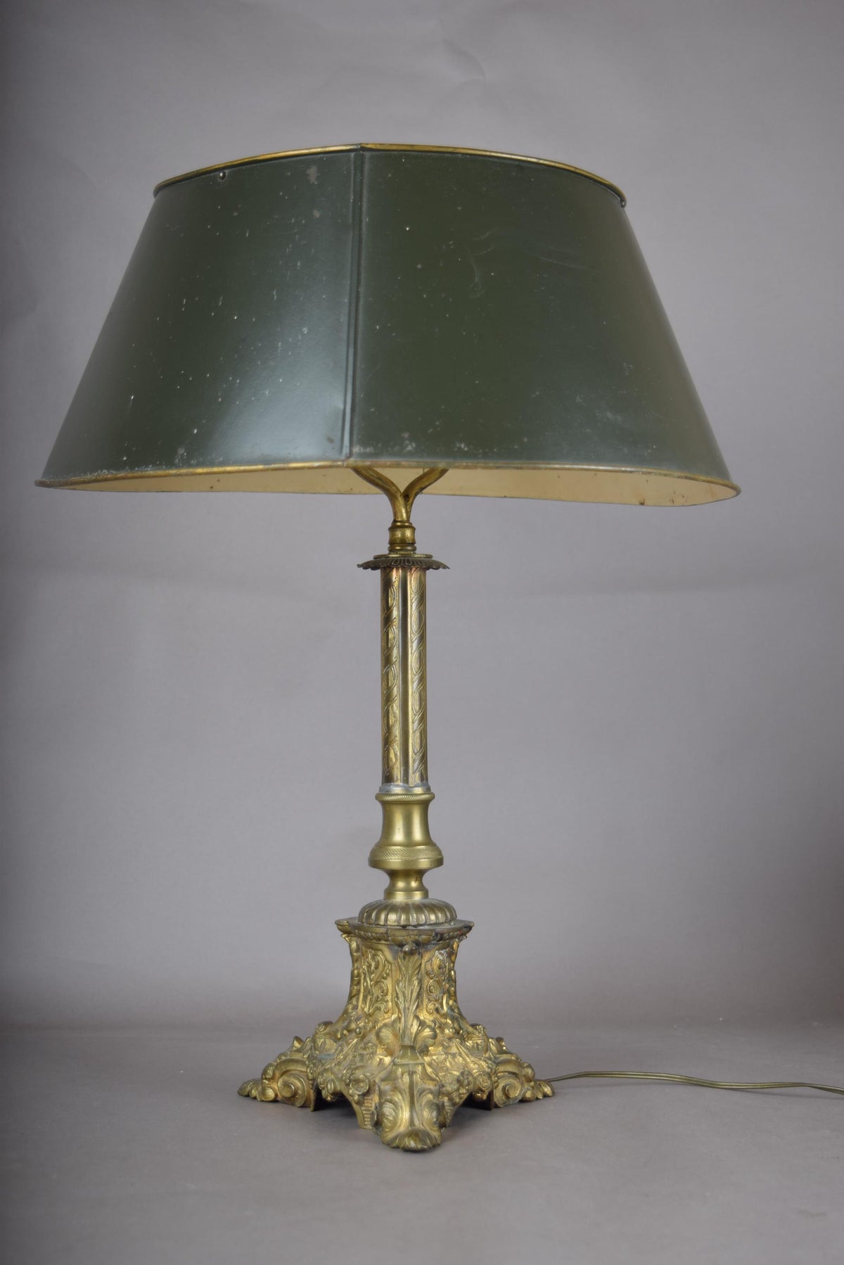 Candlestick Table Lamp, Gilt Tripod Base with Fluted Column and Green Tole Shade — French Style