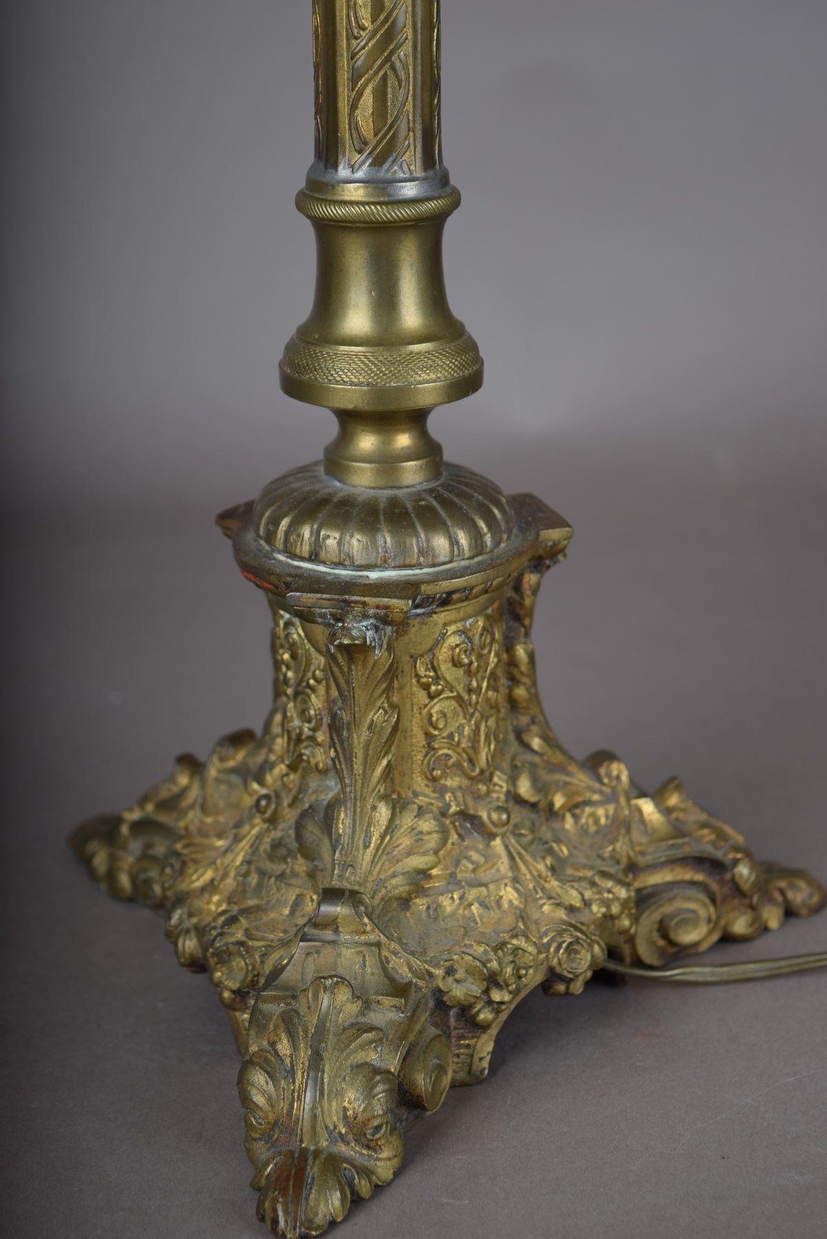 Candlestick Table Lamp, Gilt Tripod Base with Fluted Column and Green Tole Shade — French Style