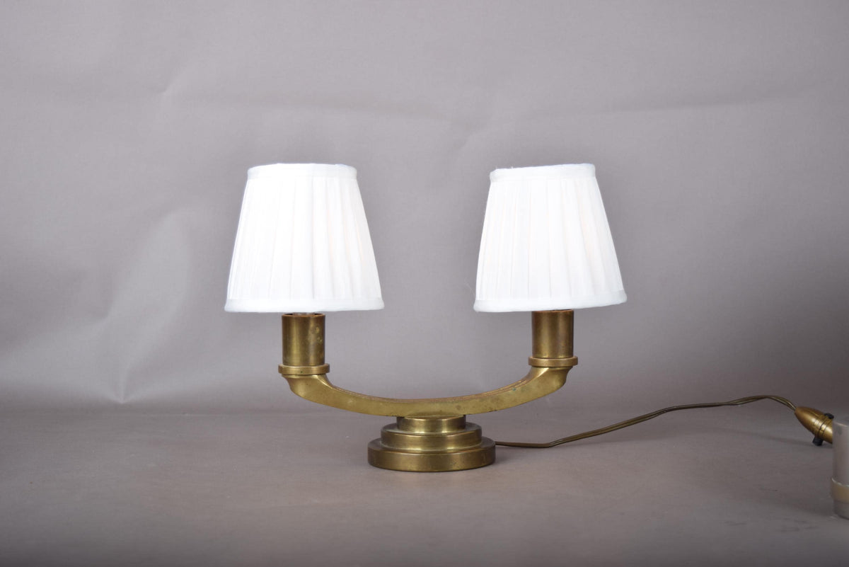 bronze Twin-Arm Table Lamp, Art Deco Style, Stepped Circular Base