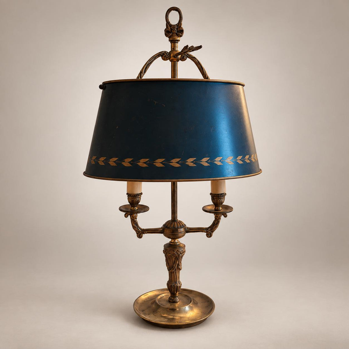 Vintage French Bouillotte Lamp, Signed Collange France, Brass with Blue Tole Shade — France, 20th Century