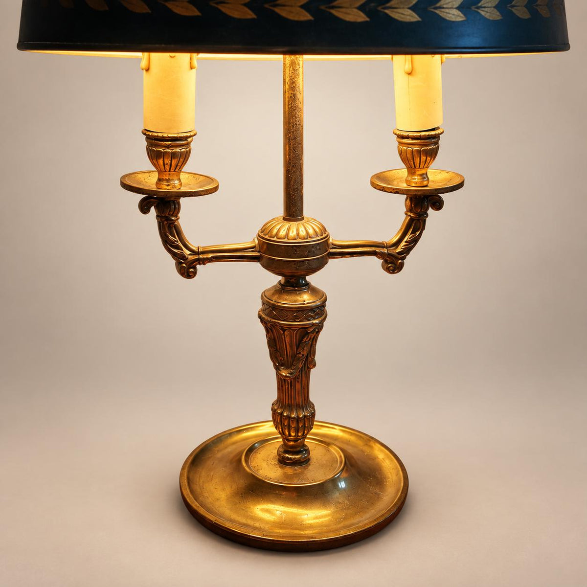Vintage French Bouillotte Lamp, Signed Collange France, Brass with Blue Tole Shade — France, 20th Century