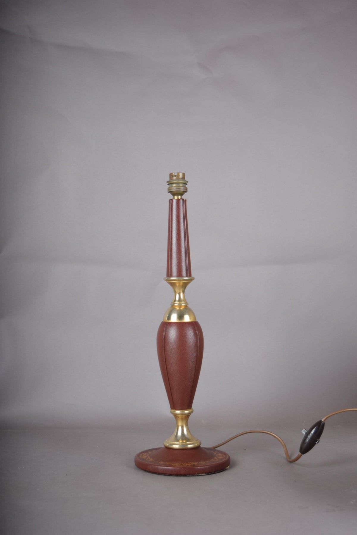 Leather Table Lamp, Burgundy Stitched Leather Baluster Lamp with Gilt Tooled Base — French Style
