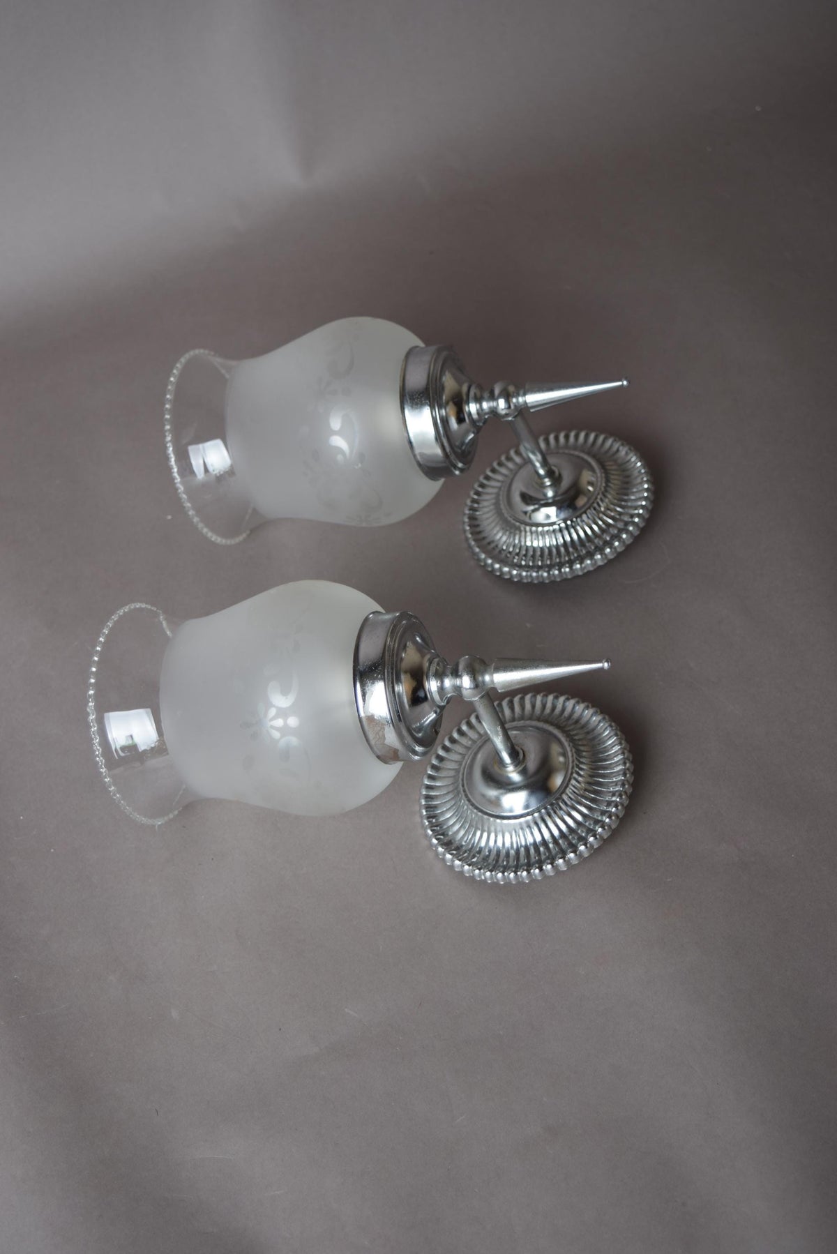Pair of Chrome Wall Sconces, Etched Frosted Glass Shades, Beaded Rim Detail