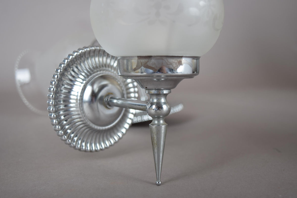 Pair of Chrome Wall Sconces, Etched Frosted Glass Shades, Beaded Rim Detail