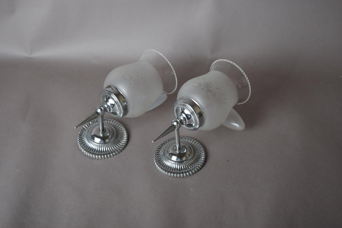Pair of Chrome Wall Sconces, Etched Frosted Glass Shades, Beaded Rim Detail