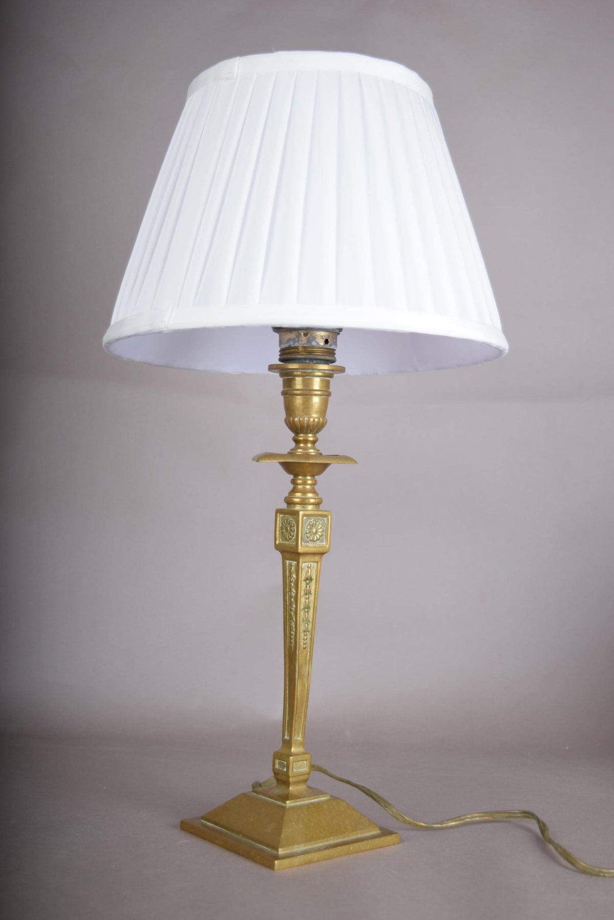 Gilt Metal Candlestick-Form Table Lamp, Fluted Column, Medallion Detail