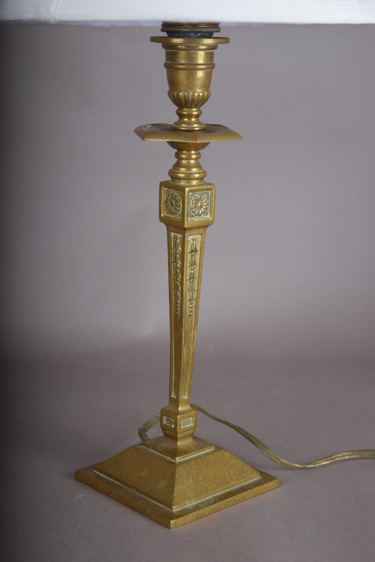 Gilt Metal Candlestick-Form Table Lamp, Fluted Column, Medallion Detail