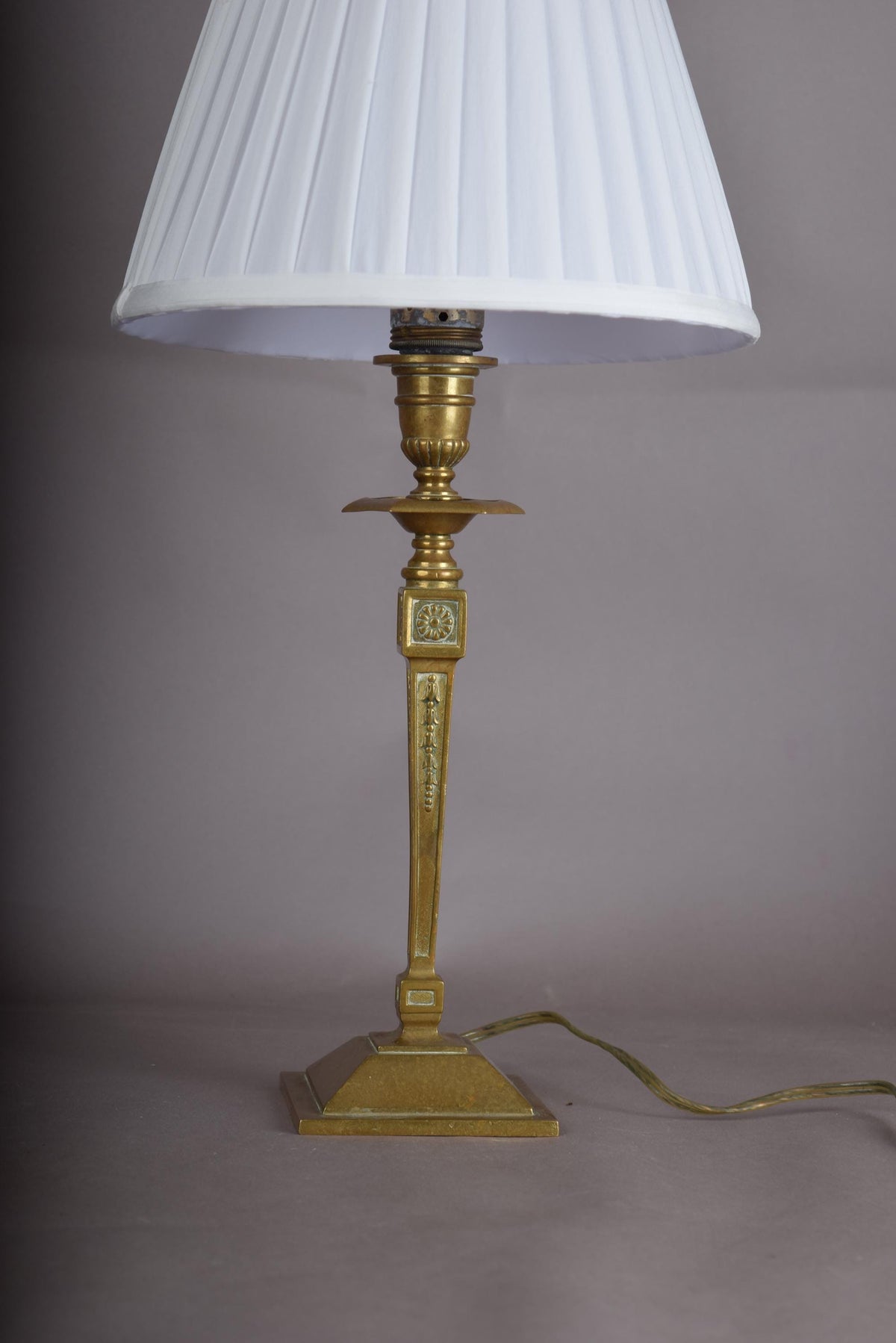Gilt Metal Candlestick-Form Table Lamp, Fluted Column, Medallion Detail