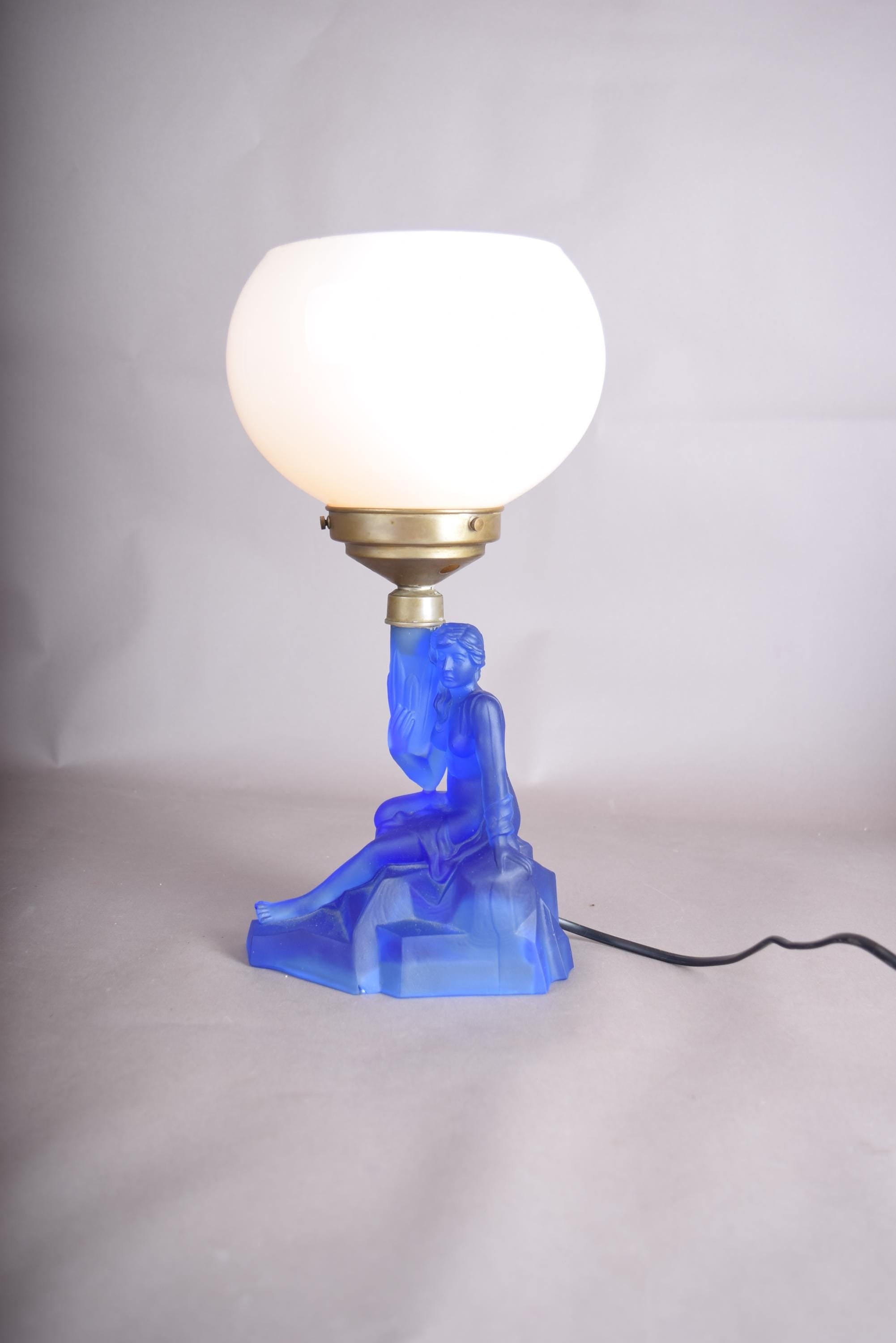 Art Deco Lady Lamp, Walther and Sohne Attributed Blue Frosted Glass Figural Lamp with Globe — German, 1930s