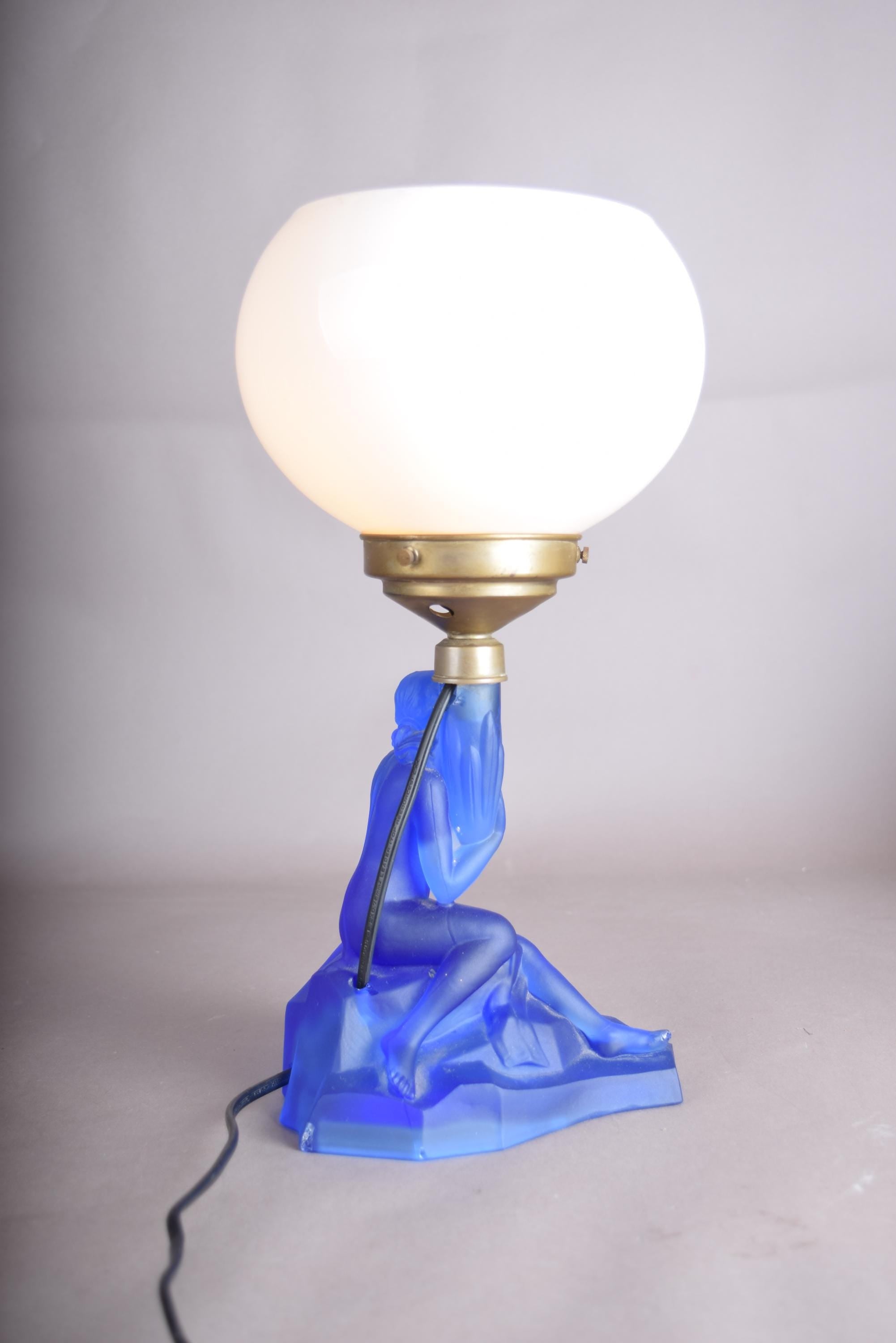 Art Deco Lady Lamp, Walther and Sohne Attributed Blue Frosted Glass Figural Lamp with Globe — German, 1930s
