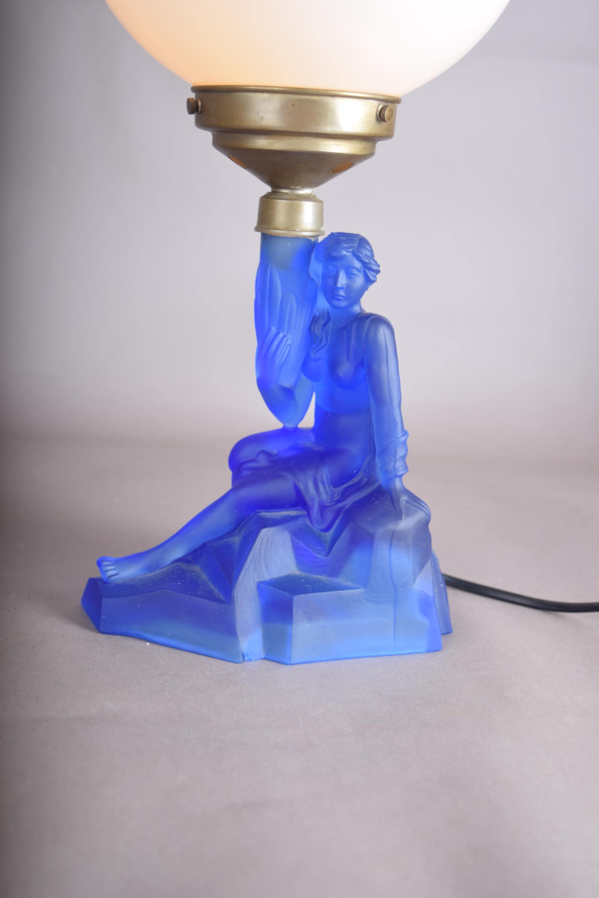 Art Deco Lady Lamp, Walther and Sohne Attributed Blue Frosted Glass Figural Lamp with Globe — German, 1930s
