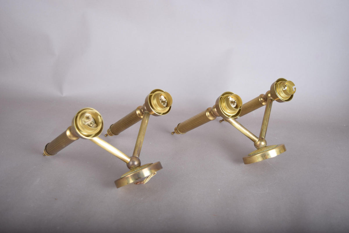 Pair of Gilt Brass Two-Arm Wall Sconces, Fluted Candle-Style Arms, French Design, 1950s