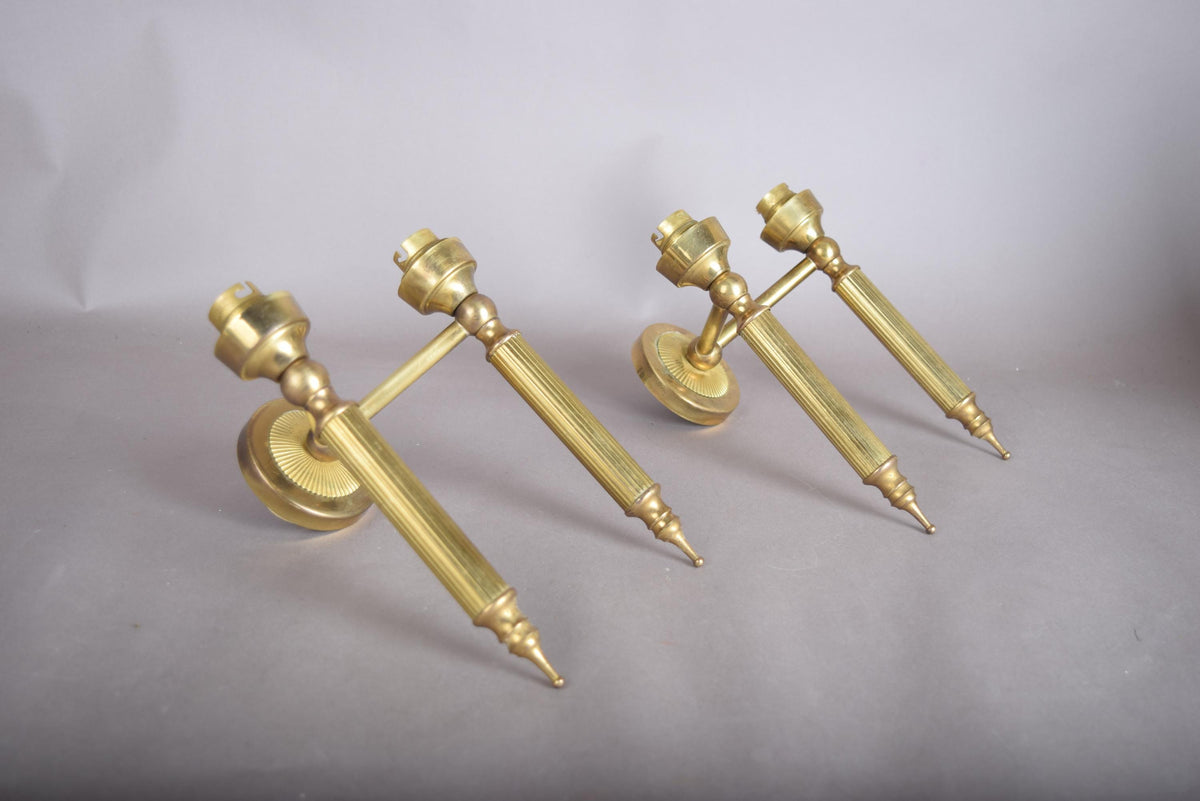 Pair of Gilt Brass Two-Arm Wall Sconces, Fluted Candle-Style Arms, French Design, 1950s