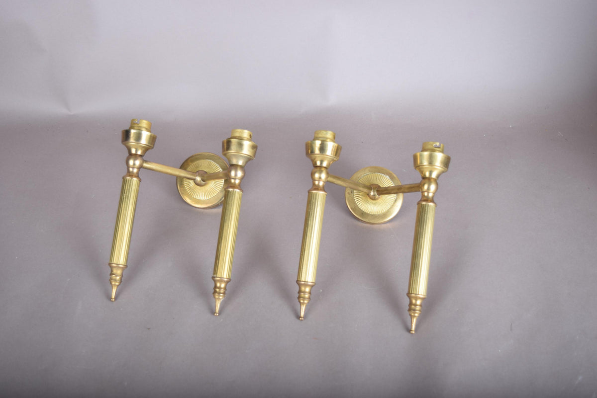 Pair of Gilt Brass Two-Arm Wall Sconces, Fluted Candle-Style Arms, French Design, 1950s