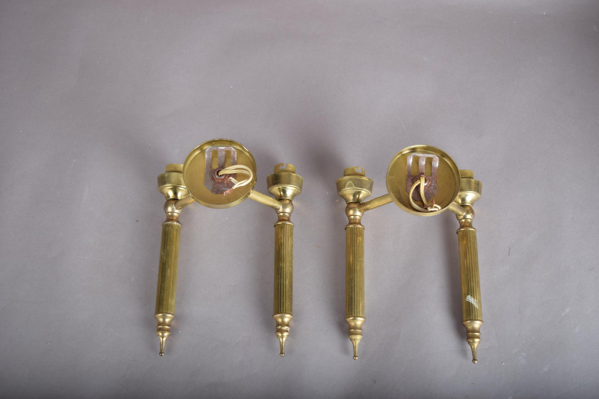 Pair of Gilt Brass Two-Arm Wall Sconces, Fluted Candle-Style Arms, French Design, 1950s