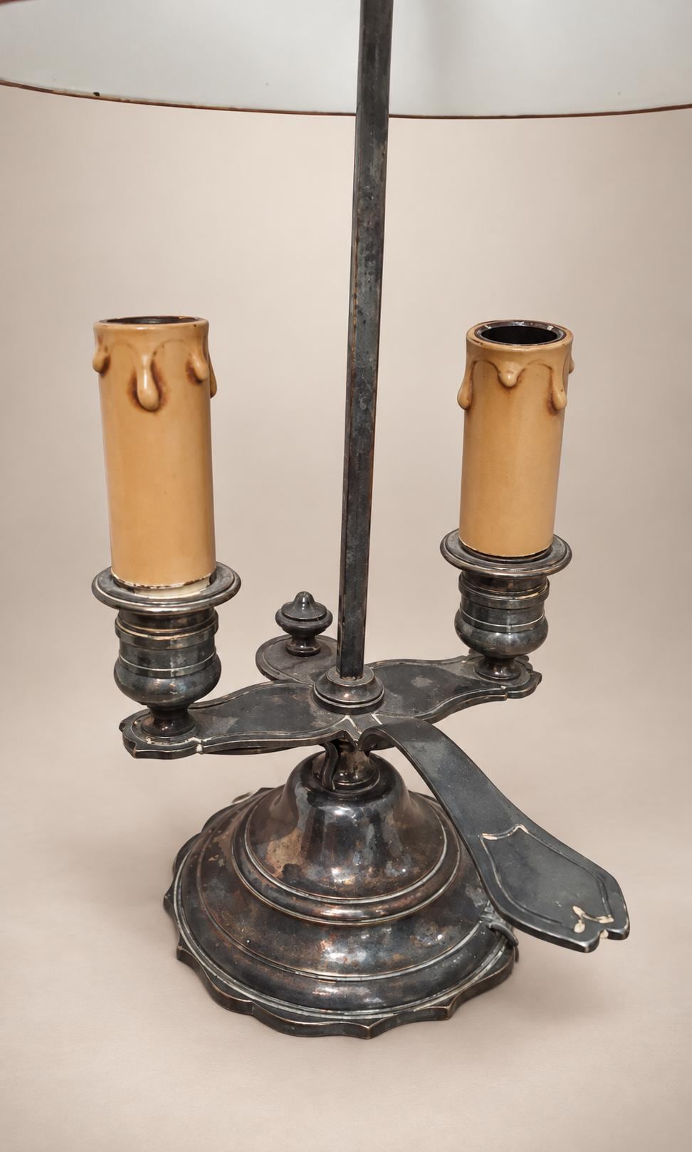 Antique French Bouillotte Lamp, Signed HM, Silvered Bronze with Green Tole Shade — France, 20th Century