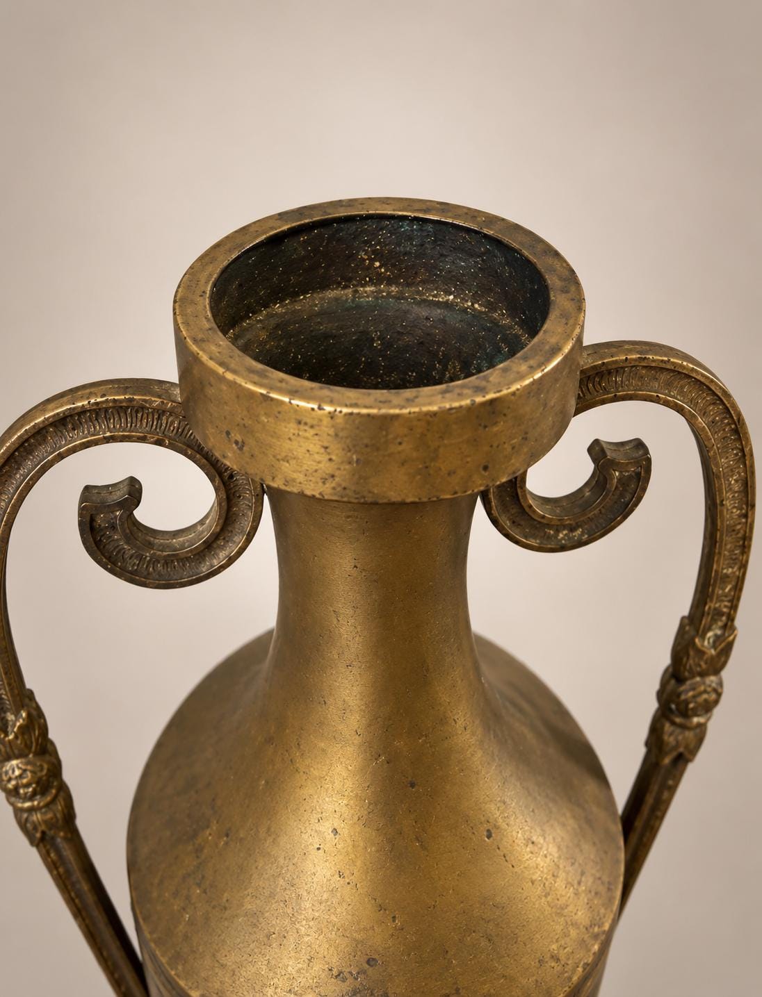 Antique French Bronze Amphora Vase, Chased Frieze and Scroll Handles on Marble Base — France, 19th Century