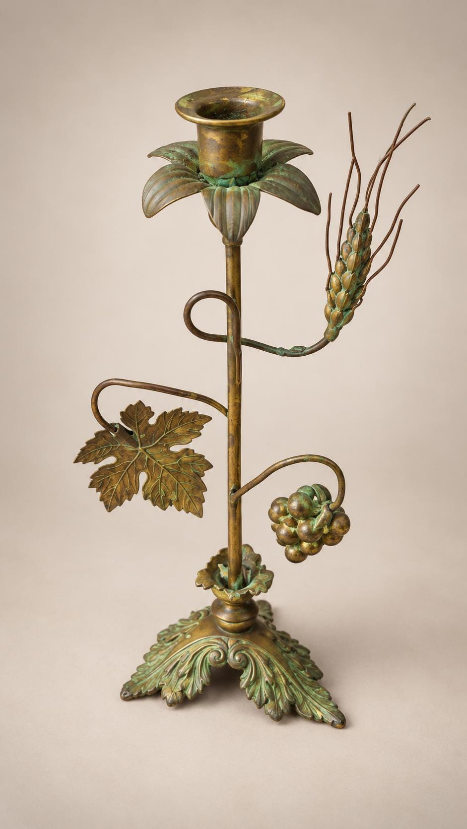 Pair of Antique French Brass Candlesticks, Vine Leaf and Wheat Ear — France, 20th Century