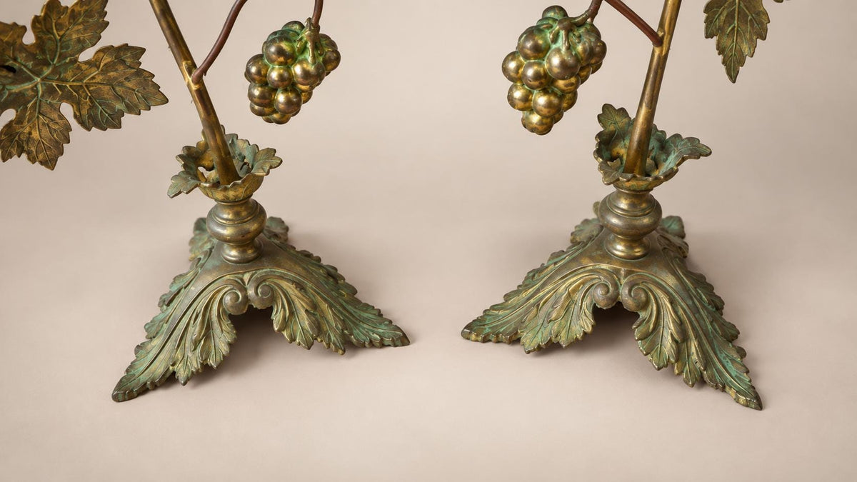 Pair of Antique French Brass Candlesticks, Vine Leaf and Wheat Ear — France, 20th Century