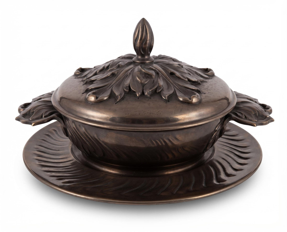 French Art Nouveau Fine Pewter Covered Tureen and Plateau Signed J. Sitoleux