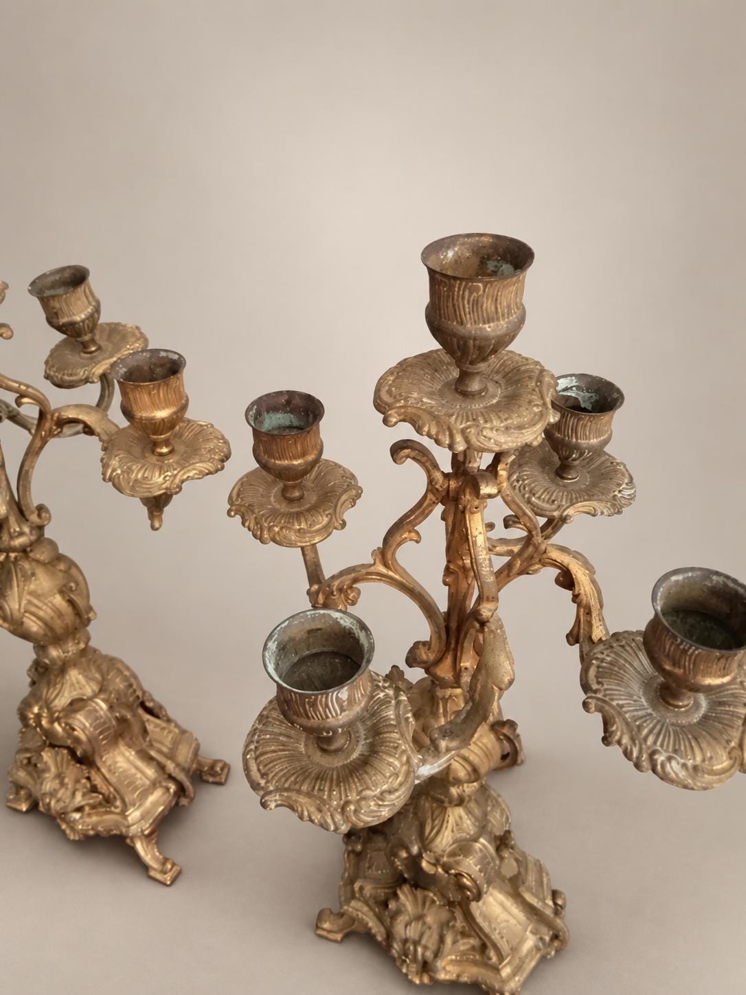 Pair of French Napoléon III Rocaille Style Patinated Gilt Metal Five-Light Candelabra