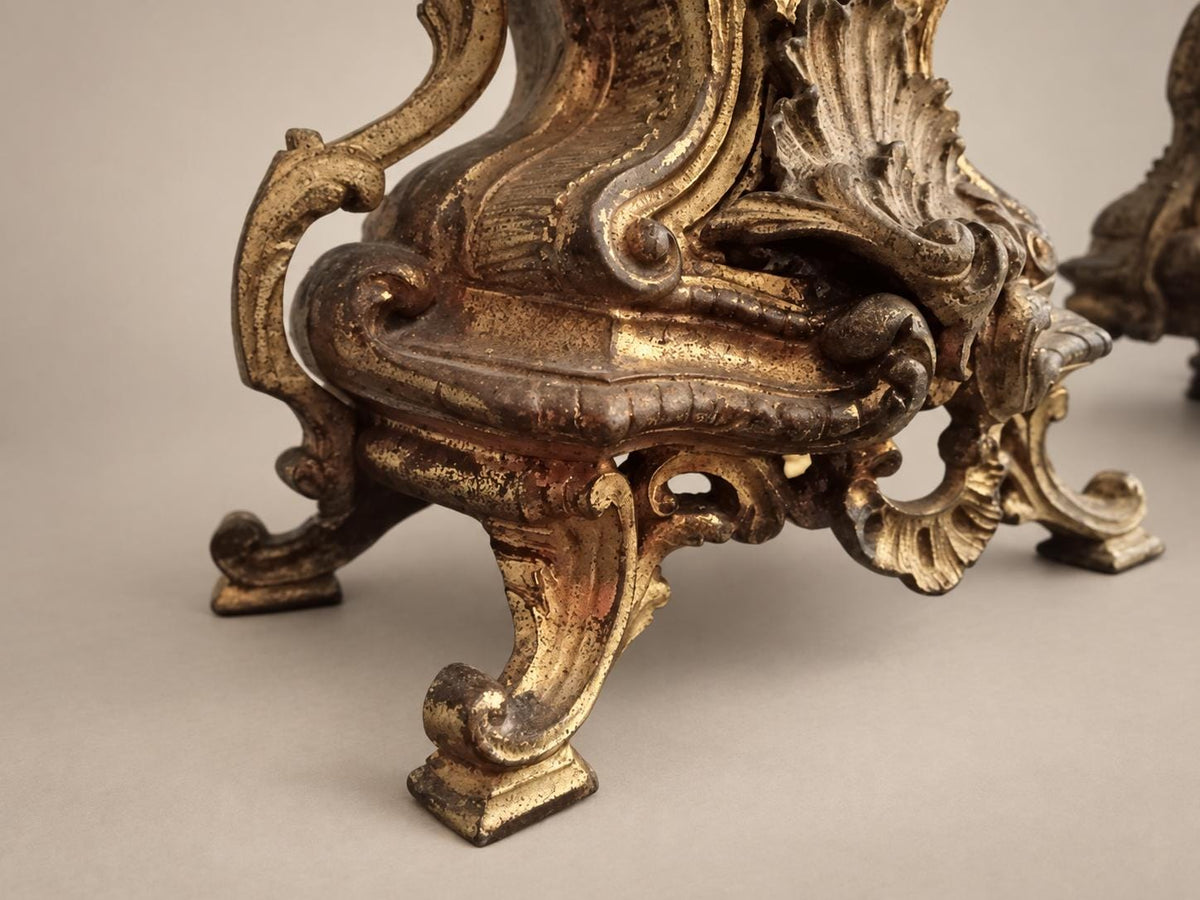 Pair of French Napoléon III Rocaille Style Patinated Gilt Metal Five-Light Candelabra