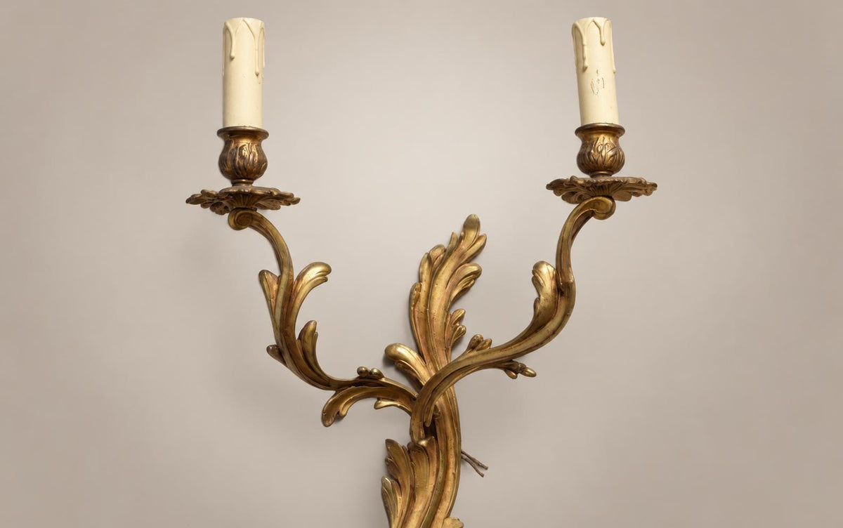 Large Pair of French Rococo Style Patinated Brass Two-Light Wall Sconces