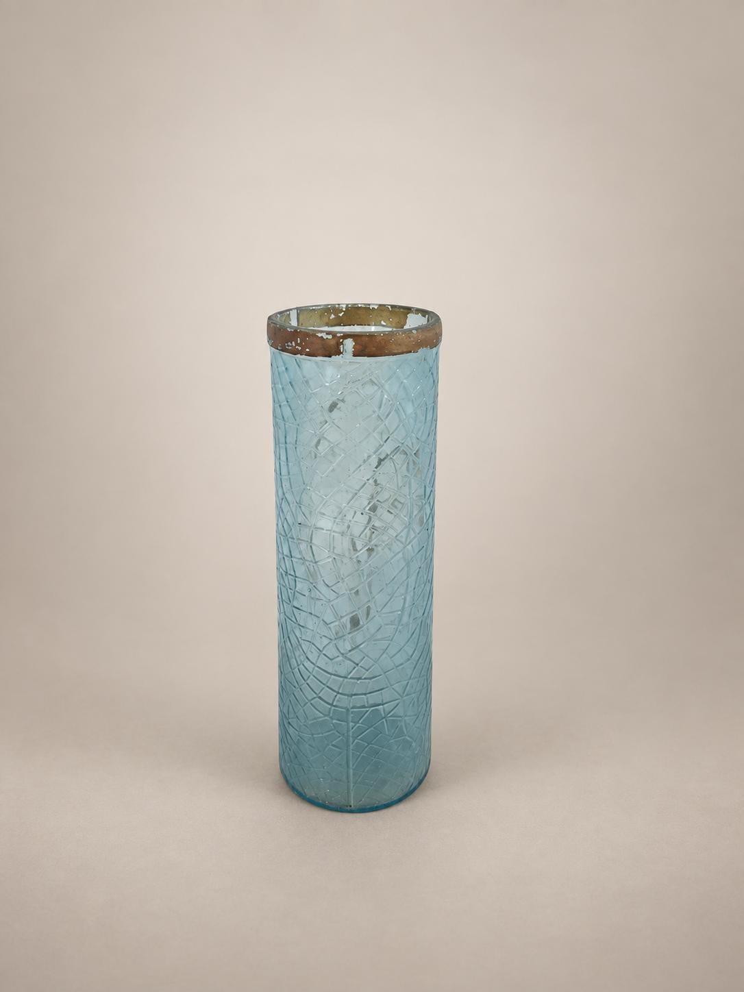 Antique French Art Deco Crystal Vase, Frosted Blue with Floral Oval Cartouche — France, circa 1920