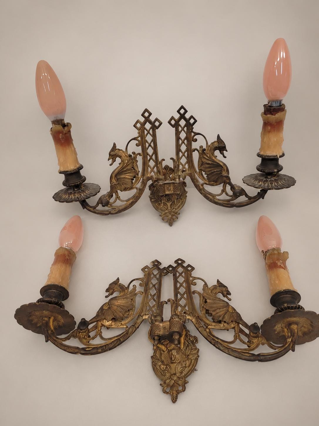 Pair of French Aesthetic Movement Patinated Metal Dragon Motif Two-Light Wall Sconces